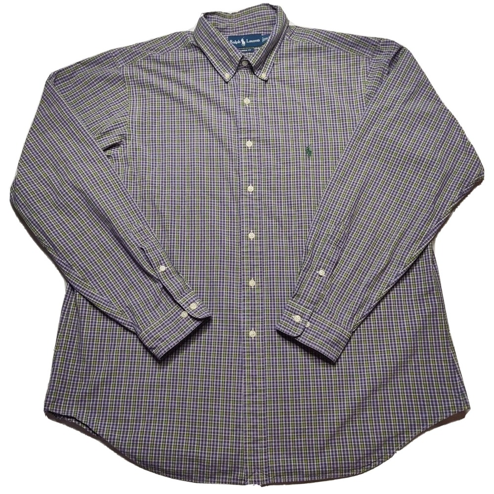VTG POLO‎ RALPH LAUREN Classic Fit Men XL (17.5) Purple Green Plaid Cotton Shirt